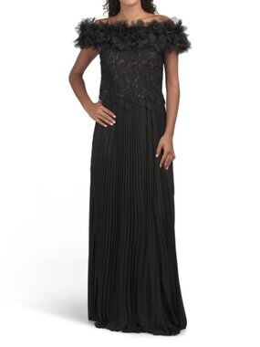 TADASHI SHOJI Faux Feather Shoulder Gown